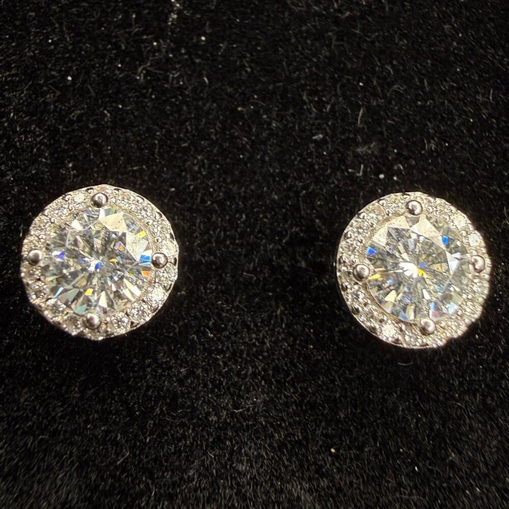 Solid 925 Sterling Silver Moissanite Halo Earrings 8.2mm Made In Italy